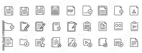 Essential document and file management line icons for office tasks, data storage, and business organization