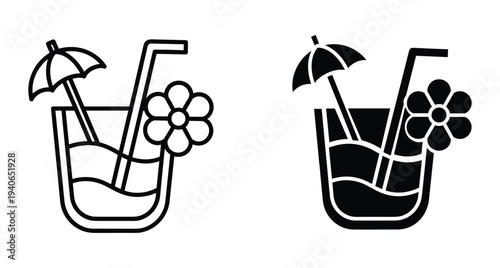 Tropical cocktail drink icon set featuring glass with straw umbrella and flower garnish for summer vacation beach party beverage menu design