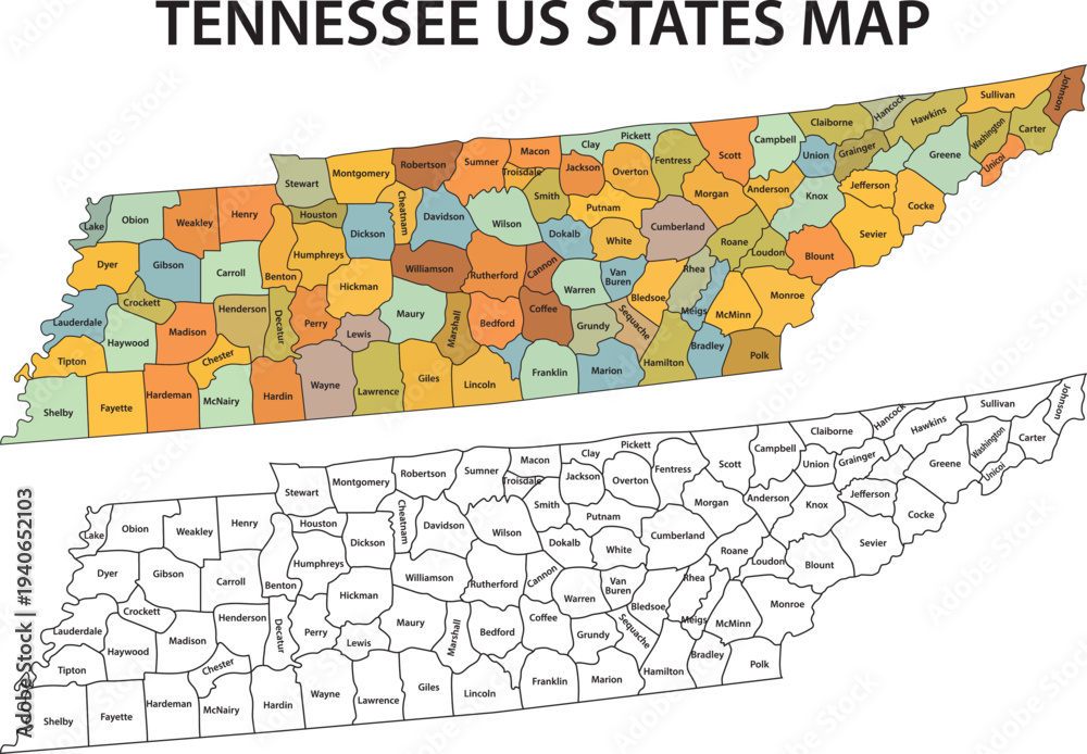 Fototapeta premium Tennessee us states map with colorful counties and black white outline on white background