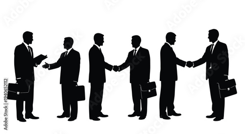 A series of silhouetted businessmen shaking hands and presenting documents