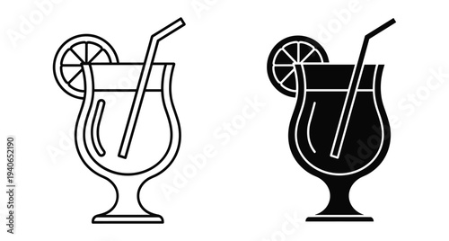 Tropical cocktail glass icon set with straw and lemon slice garnish in outline and solid black silhouette style for bar menu