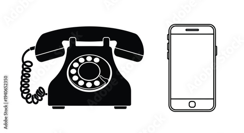 A vintage rotary phone and a modern smartphone depicted in black and white