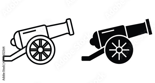 Cannon icon set featuring outline and solid black versions of vintage artillery weapon for military history war and cannon icon set