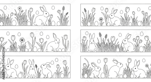 Bunny and flower borders suitable for a coloring page.