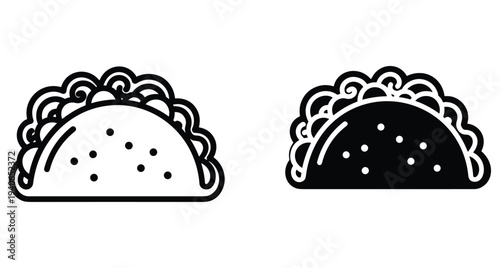 Mexican taco food icon set with outline and solid black silhouette styles for restaurant menu design fast food snack graphic elements