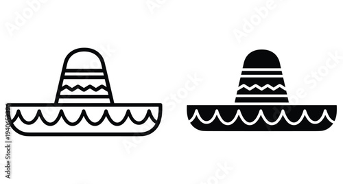 Mexican sombrero hat icon set with outline and solid black silhouette styles for cinco de mayo celebration and traditional culture design