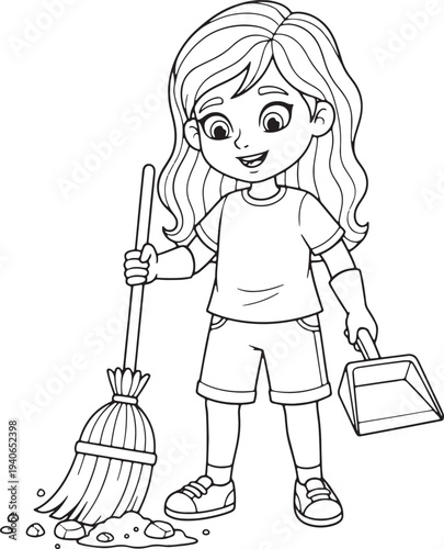 Girl sweeping with a broom and dustpan cleaning