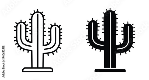 Cactus icon set featuring saguaro desert plant in outline and solid black styles for nature gardening and wild west design projects