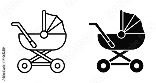 Baby stroller icon set featuring outline and solid black carriage symbols for newborn transportation infant care nursery baby stroller icon set