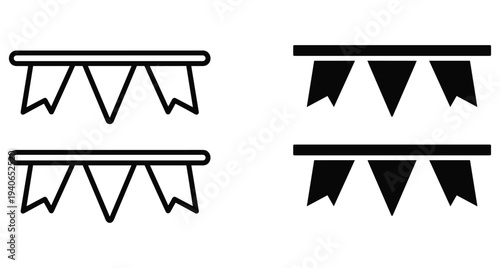 Bunting garland icon set with triangular and swallowtail flags in outline and solid black silhouette styles for party celebration event decoration