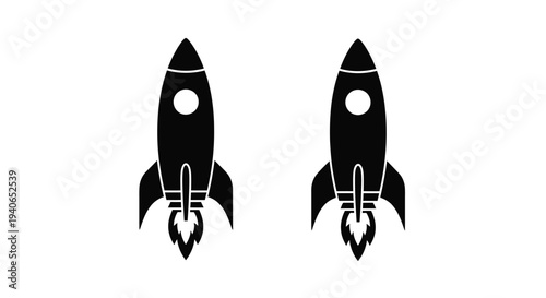Two black rocket ship icons with flame trails against a white background