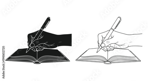 Hands writing in an open book contrasting black and white illustration