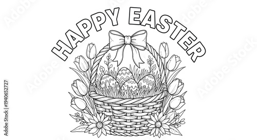 An Easter basket with decorated eggs and tulips is ready now.