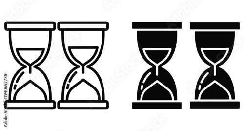 Hourglass icon set with outline and solid black styles representing time management sand clock symbols for business productivity and deadline tracking