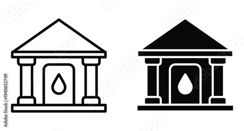 Water bank building icon set with drop symbol representing conservation storage utility management resource protection infrastructure architecture outline and solid silhouette style