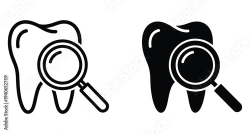 dental tooth examination icon set with magnifying glass for dentist checkup oral health care medical inspection research diagnostic symbol vector illustration