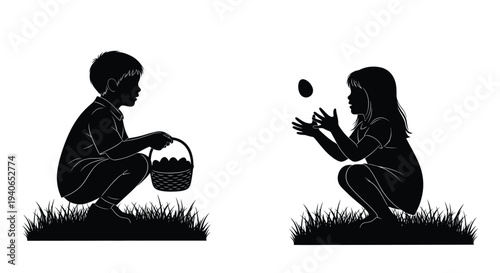 Children's silhouettes participate in an outdoor egg hunt.