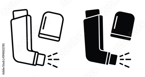 Asthma inhaler icon set with outline and solid black versions showing medical spray device for respiratory treatment and breathing relief support
