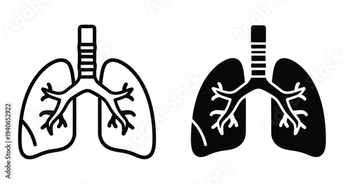 Human lungs respiratory system icons showing trachea and bronchi in outline and solid black styles for medical healthcare and anatomy design