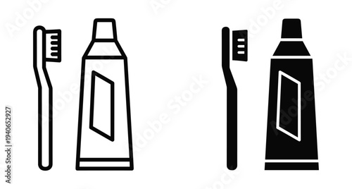 Toothbrush and toothpaste tube icons in outline and solid black styles for dental care oral hygiene health and daily bathroom routine