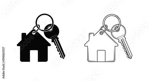Black and white illustration of house shaped keychains with keys attached