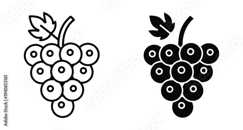 bunch of grapes icon set with outline and solid black styles featuring a vine leaf for wine and fruit branding design
