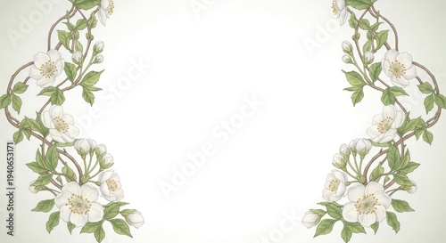 Vintage floral border design with white flowers and green leaves