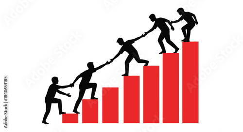 Silhouettes of people helping each other climb a series of red blocks