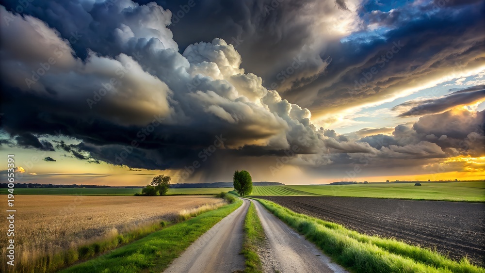 Fototapeta premium WEATHER - Dramatic black rain clouds over fields and country road