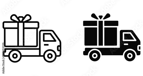 delivery truck carrying large gift box icon set with outline and solid black styles for shipping logistics and holiday present transport