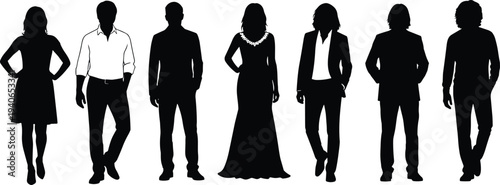 Silhouettes of stylish individuals in varied outfits, formal and casual fashion, black figures, standing poses, white background, identity diversity