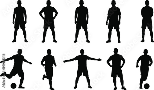 Silhouettes of male soccer player in action, kicking, running, standing, dribbling, athletic pose, sports movement, football gesture, black figure