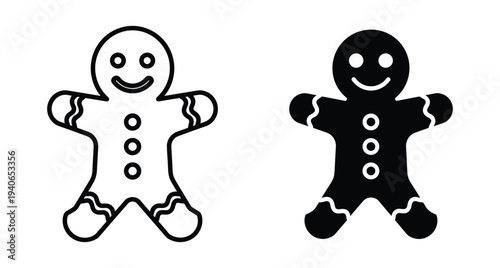 Gingerbread man cookie icon set with outline and solid black silhouette styles for Christmas holiday food decoration and winter celebration party