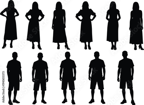 Silhouettes of people in dresses and casual wear, black figures, posture diversity, gender representation, fashion contrast, white background