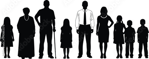 Silhouettes of multi-generational family members, diverse age groups, black figures, standing poses, demographic diversity, white background, social structure, identity