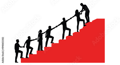 Silhouetted figures assisting each other to climb a red staircase