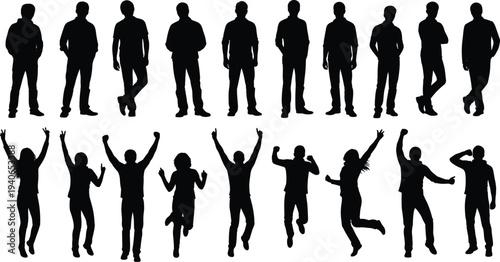 Silhouettes of people in static and dynamic poses, black figures, body language, celebration, motion contrast, white background, expressive design