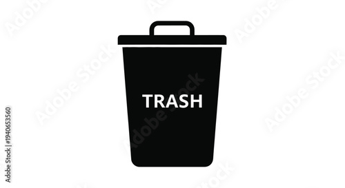 Simple black trash can icon with the word trash displayed on it