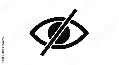 Black and white graphic of an eye with a diagonal line through it