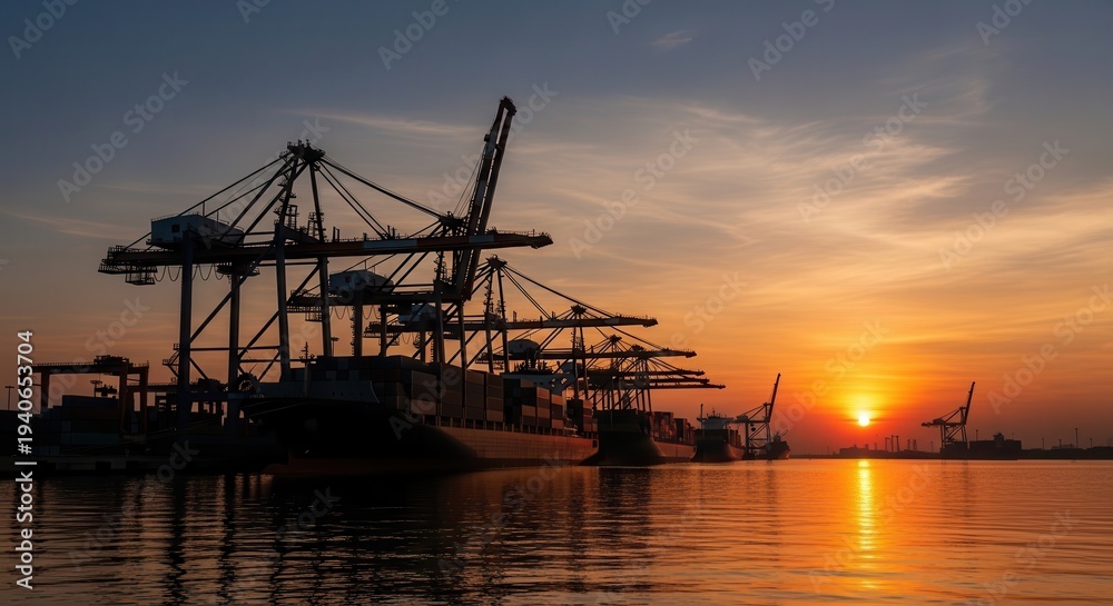 Fototapeta premium A serene sunset scene at a bustling port with cargo cranes silhouetted against the vibrant sky