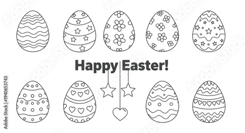 Ten decorated Easter eggs arranged above hanging ornaments.