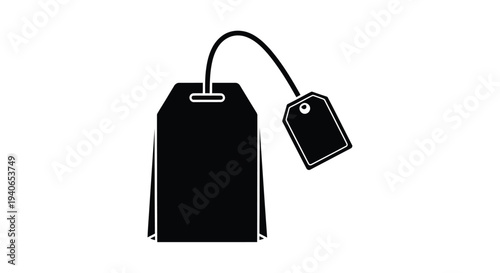 Black and white illustration of a tea bag with a tag attached