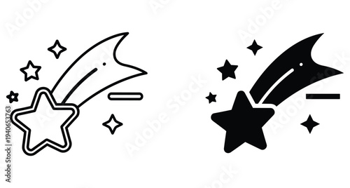 Shooting star icon with minus sign symbol representing removal of celestial objects in outline and solid black vector graphic style for interface