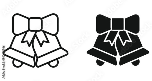 Christmas bells with ribbon bow icon set in outline and solid black style for holiday decoration winter celebration and festive design