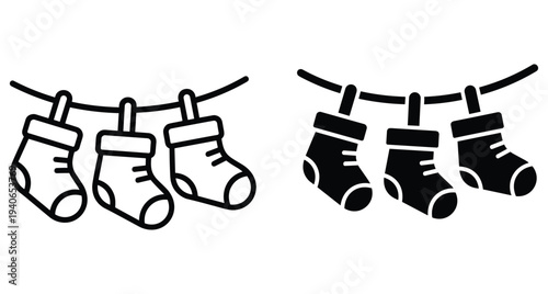 Christmas stocking icons set with three festive socks hanging on a line in outline and solid black silhouette styles for holiday decoration