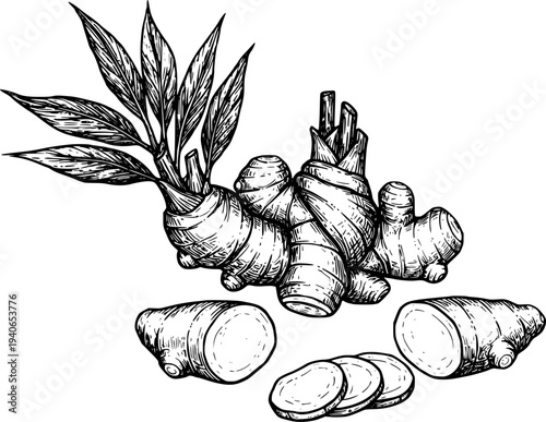 Detailed Ink of Fresh Ginger Root with Leaves and Slices White Background spice food
