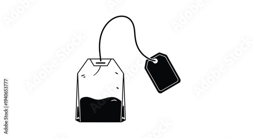 Simple black and white illustration of a teabag with attached tag