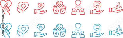 A collection of 12 heart and hand icons in red and blue