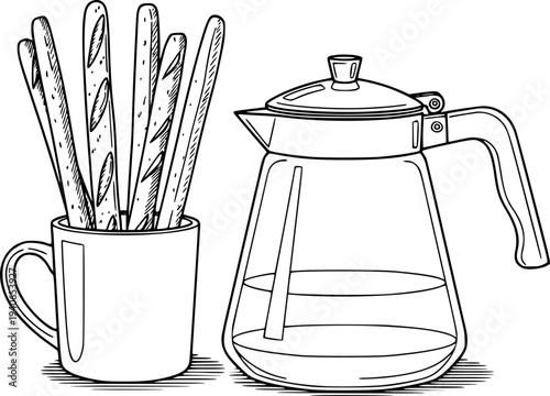 Hand drawn of breadsticks in a mug next to a glass coffee pot with liquid