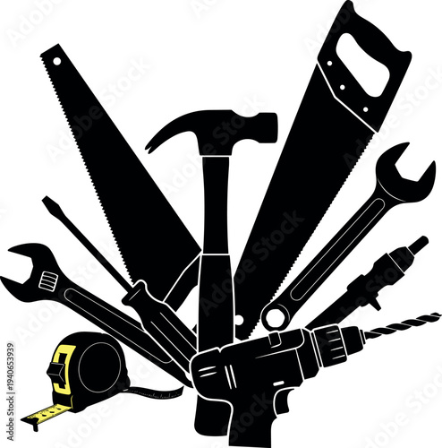 Collection of black tools vector illustration